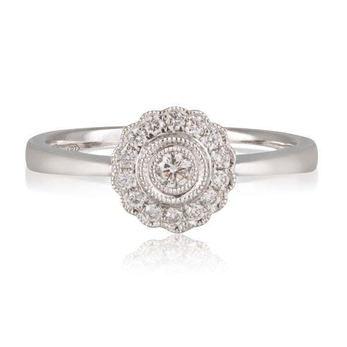 18ct White Gold Bezel Set Diamond Centre with Bead Set Fancy Halo