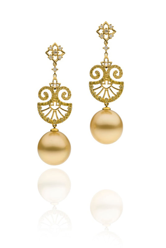 Diamond, Yellow Sapphire and Golden Pearl Drop Earrings