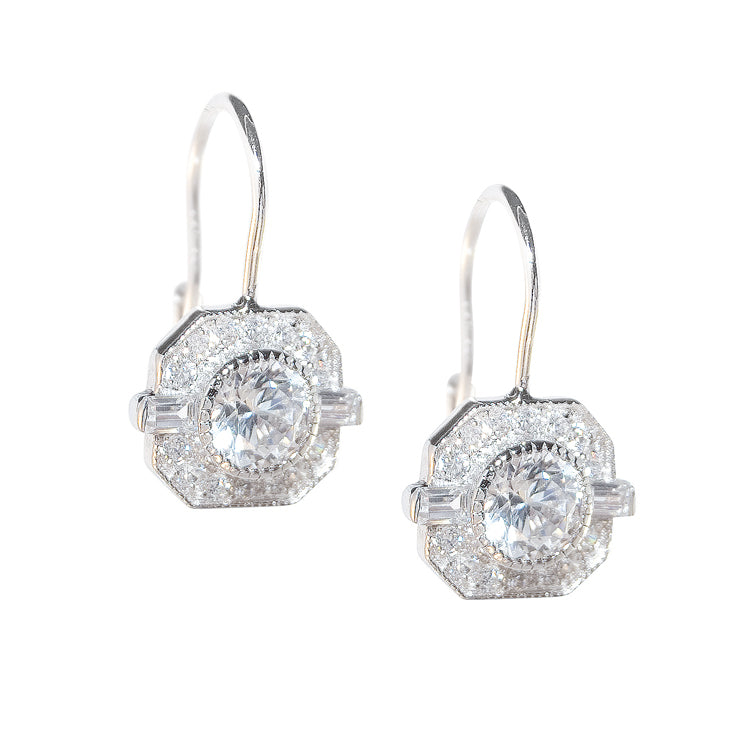 Stirling Silver, C.Z. Art-Deco Inspired Leverback Earrings