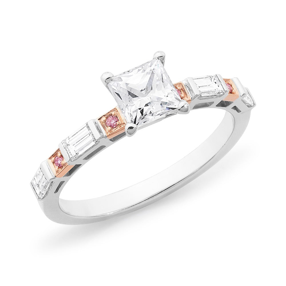 Princess Baguette Round Brilliant Cut Pink White Diamond Ring