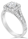Round Brilliant Cut With Square Emerald Shape Halo and Diamond Shoulders