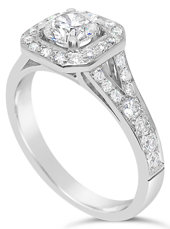 Round Brilliant Cut With Square Emerald Shape Halo and Diamond Shoulders