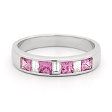18ct White Gold Princess Cut Pink Sapphire and Bagguette Diamond Ring