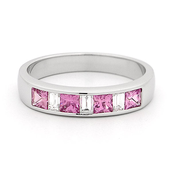 18ct White Gold Princess Cut Pink Sapphire and Bagguette Diamond Ring