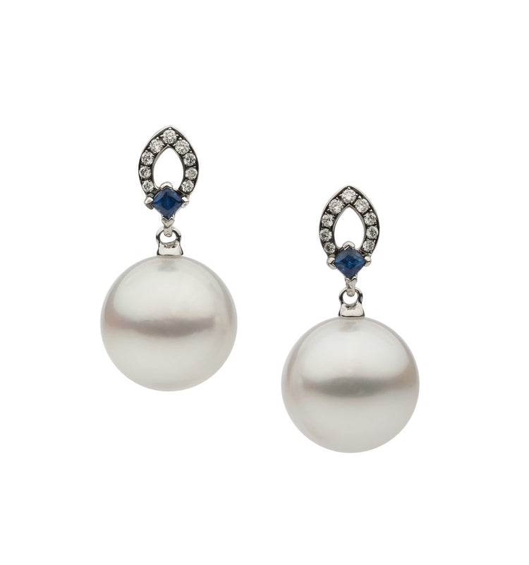 Ceylon Sapphire, Diamond and Round Pearl Earrings