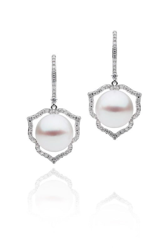 Diamond and Round Pearl Earrings