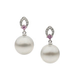 18ct White Gold Round South Sea Pearl, Pink Sapphire and Diamond Drop Earring