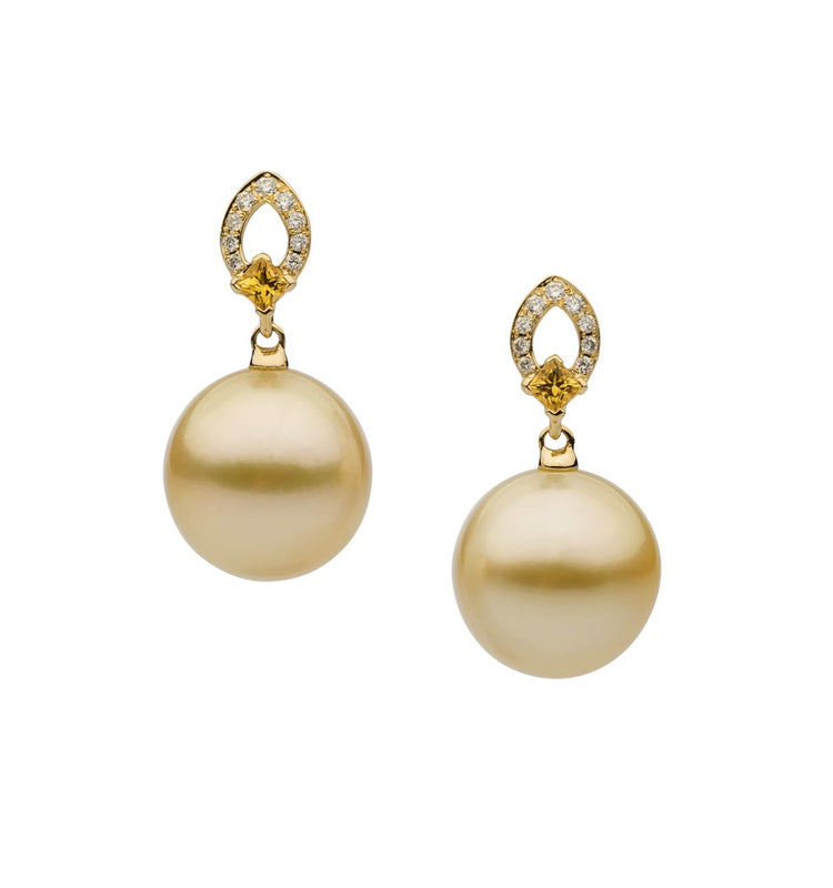 18ct Yellow Gold Round South Sea Pearl, Yellow Sapphire and Diamond Drop Earrings