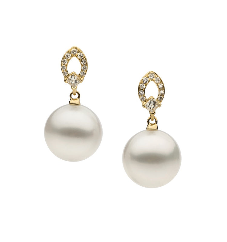 18ct Yellow Gold, Diamond and Round South Sea Pearl Earring