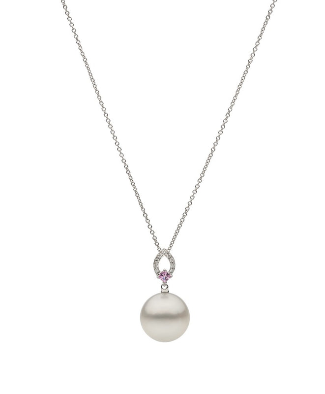 18ct White Gold Round South Sea Pearl, Pink Sapphire and Diamond Pendant