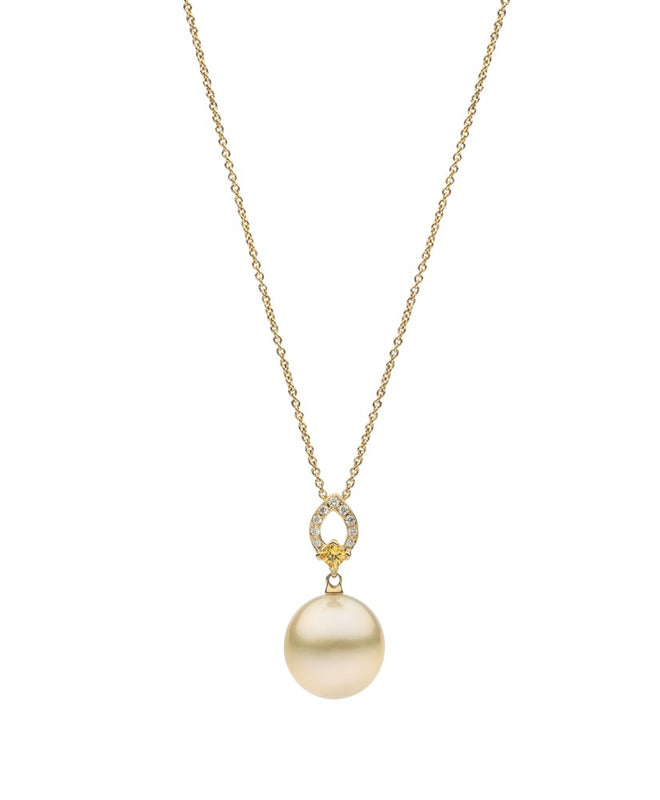18ct Yellow Gold Round South Sea Pearl, Yellow Sapphire and Diamond Drop Pendant