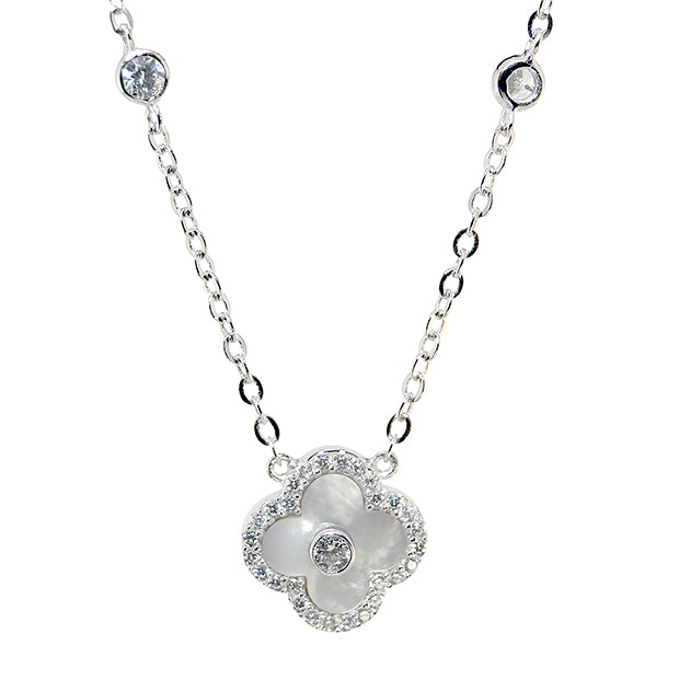 Stirling Silver, Mother of Pearl & C.Z. Flower Necklace